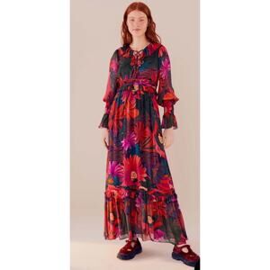 NWT Farm Rio Bird Flowers Tiered Maxi Dress Size XS Multicolor